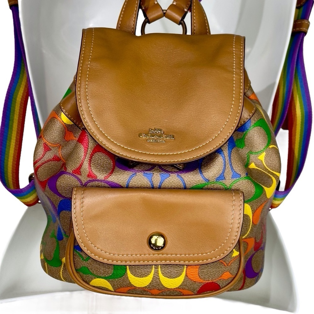 Coach Light Saddle Rainbow Signature Canvas Pennie Backpack 22 Inch - Picture 6 of 15